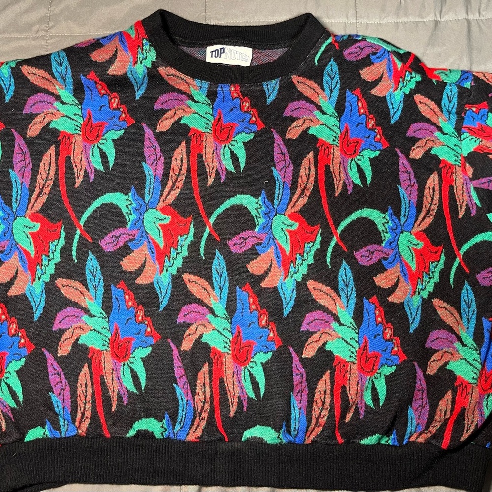 Vintage 90s Top Notch Sweater Mens‎ 2XL Black Retro Abstract Floral Colorblock